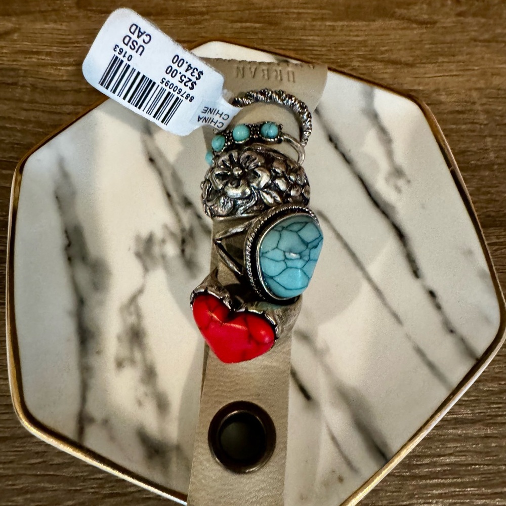 NWT! Dish included! Urban Outfitters Silver and Turquoise Ring Set Sz. 7